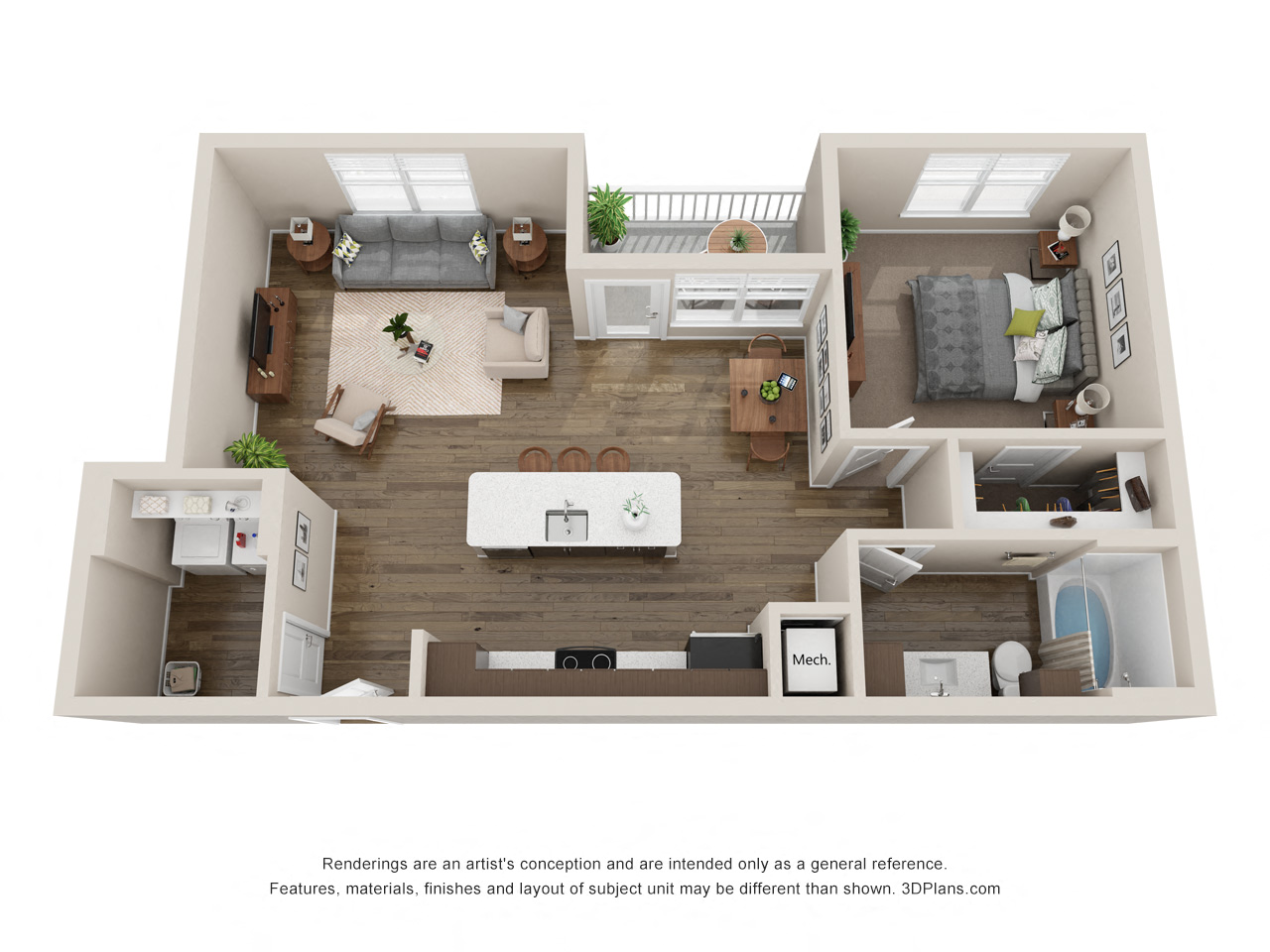 Floor plan for 1 bed, 1 bath, 863 sqft